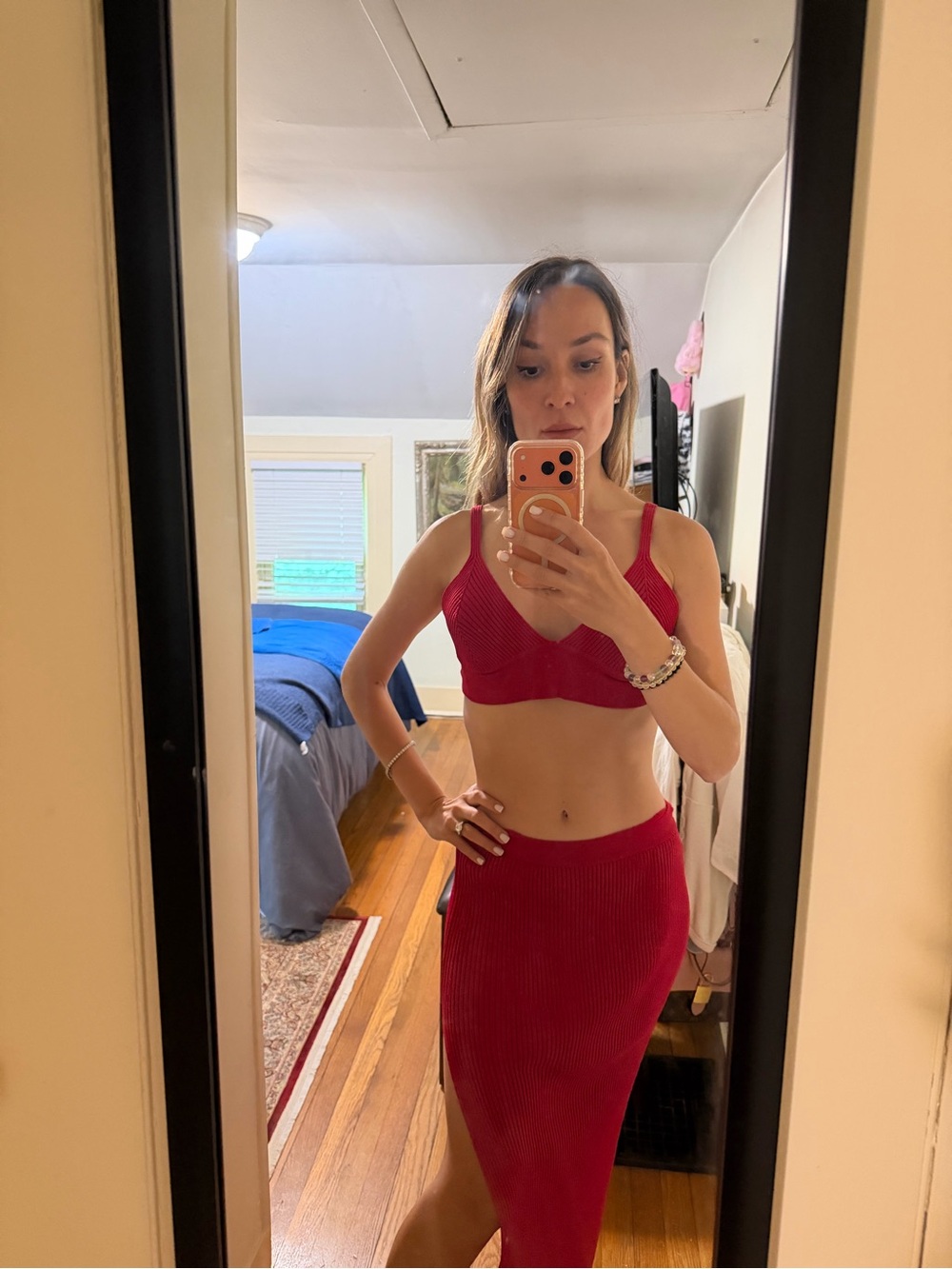 Two-Piece Knit Crop Top and Skirt Set in Vibrant Red